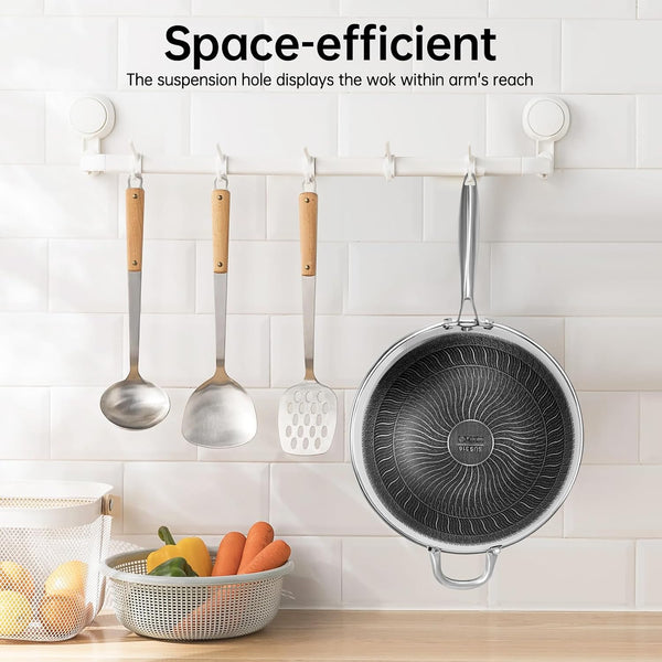13.4 Inch Skillet Nonstick, 316 Stainless Steel Nonstick Wok Pan with Lid-Honeycomb Stir-Fry Skillet, Stir-Fry Wok with Lid Suitable for Gas Stoves, Induction Cookers and Ceramic Stove6