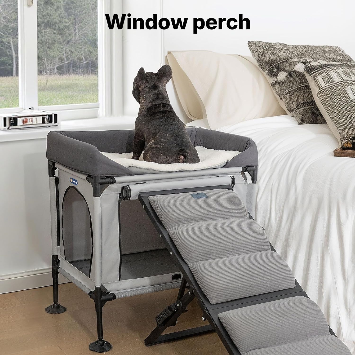 veehoo-dog-bunk-bed-dog-beds-attachment-to-human-bed-bedside-dogs-cot-pet-window-perch-for-small-medium-cats-dogs-dog-house-bed-with-non-slip-feet-plush-cushion-topper-grey