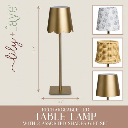 3-Piece Lamp Shade & Lamp Present Set – Scalloped, Conic, and Fabric Printed Shades, Gold2