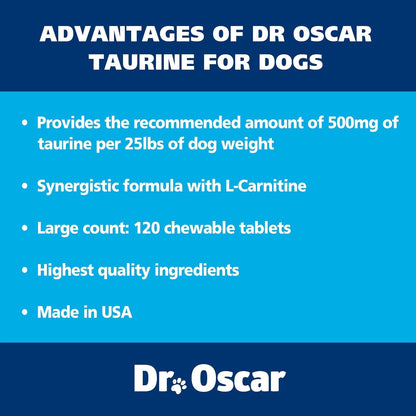 Taurine Supplement for Dogs Meets RDA of 500 Mg per 25Lbs Weight unlike Most Alternatives, 120Ct, Helps Maintain Dog Heart Health, Normal Function of the Cardiac Muscle & Normal Blood Flow4