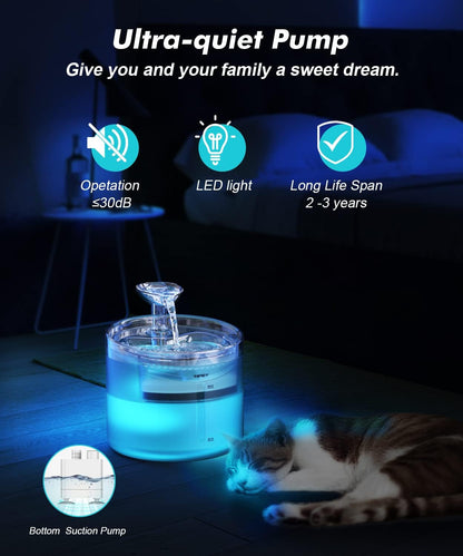 NPET WF100 Cat Foutain, 54Oz/1.6L Automatic Pet Water Fountain Dog Water Dispenser with 2 Flow Modes, Bottom Suction LED Light Quiet Pump for for Cats & Small Dogs5