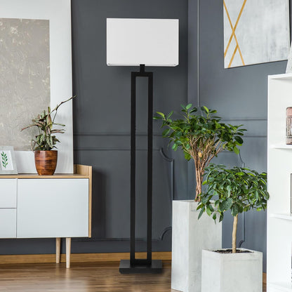 58" Matte Black Floor Lamp with White Linen Shade | On/Off Rotary Switch, Modern Standing Lamp for Living Room or Bedroom, Model 670463