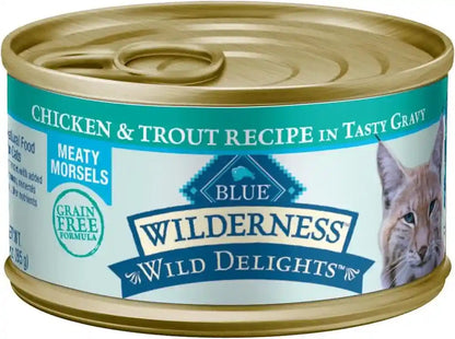 Blue Buffalo Wilderness Wild Delights High Protein Grain Free, Natural Adult Meaty Morsels Wet Cat Food, Chicken & Turkey, Chicken & Trout, Chicken & Salmon 3-Oz Cans (12 Count - 4 of Each Flavor)7