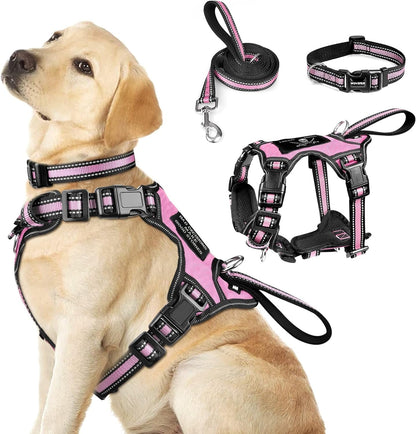 WINSEE Pet Harness Collar and Leash Set, All-In-One Reflective Dog Harness No Pull with Adjustable Buckles for Puppies, Small, Medium, Large, and Extra-Large Dogs (Large, Pink)1