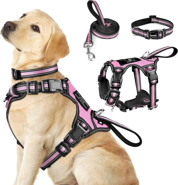 WINSEE Pet Harness Collar and Leash Set, All-In-One Reflective Dog Harness No Pull with Adjustable Buckles for Puppies, Small, Medium, Large, and Extra-Large Dogs (Large, Pink)1