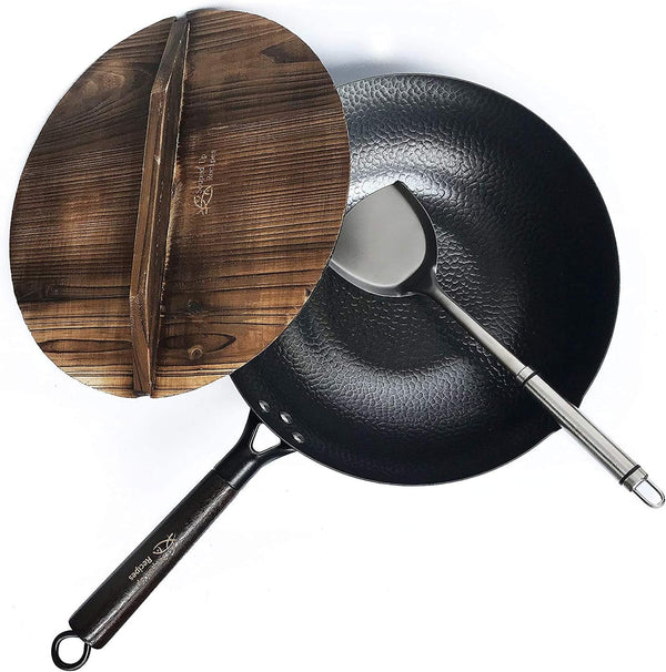12.5 Inch Carbon Steel Wok for Electric, Induction and Gas Stoves (Lid, Spatula and User Guide Video Included)1