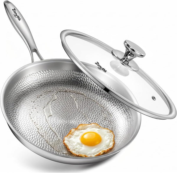 Titanium Pans for Cooking, 12-Inch Titanium Frying Pan with Lid, Non-Toxic Hammered Skillet, PFAS/PFOA/PTFE Free, Induction Compatible, Oven Safe, Dishwasher Safe1