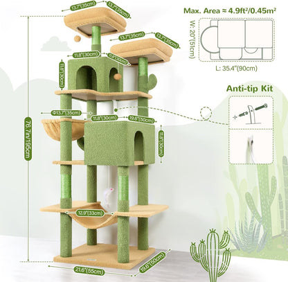 Globlazer Cactus Cat Tree Tower 76-Inch Extra Tall Multi-Level Cat Furniture with Cozy Condos,Interactive Toys and Perches for Large Cats, Perfect for Climbing, Scratching, and Play, F76, Green7