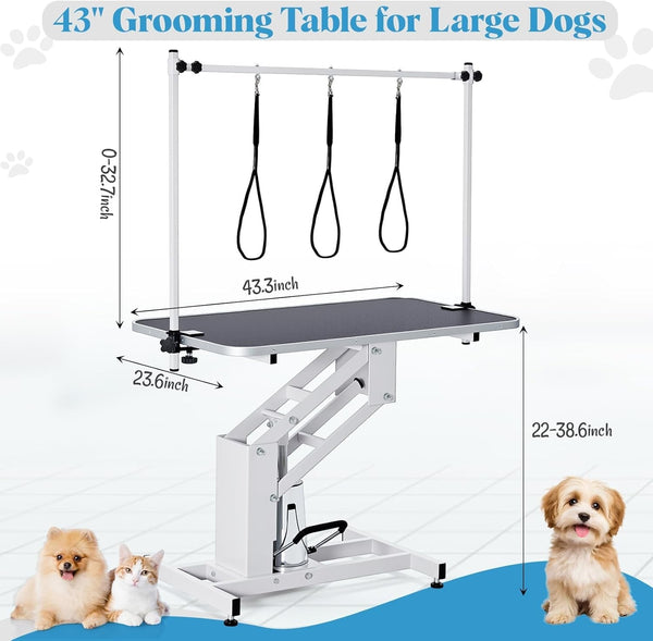 Garveelife 43.3" Hydraulic Dog Grooming Table for Pet, Heavy Duty Structural Hydraulic Max Load 350Lbs Professional Pet Grooming Table with Adjustable Overhead Arm & Noose Height Range 22"-39" (White)5