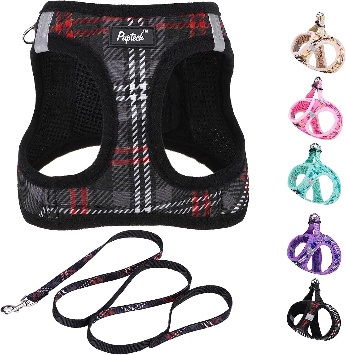 pupteck-dog-harness-and-leash-set-for-small-medium-dogs-no-pull-step-in-soft-mesh-puppy-cat-vest-harnesses-reflective-at-night-green-s