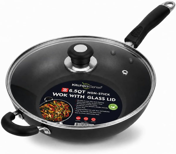 Non-Stick Wok Pan with Tempered Glass Lid, 6.5Qt Deep Cooking Wok, Stay-Cool Bakelite Handle, 30Cm Multipurpose Stir Fry Pan1