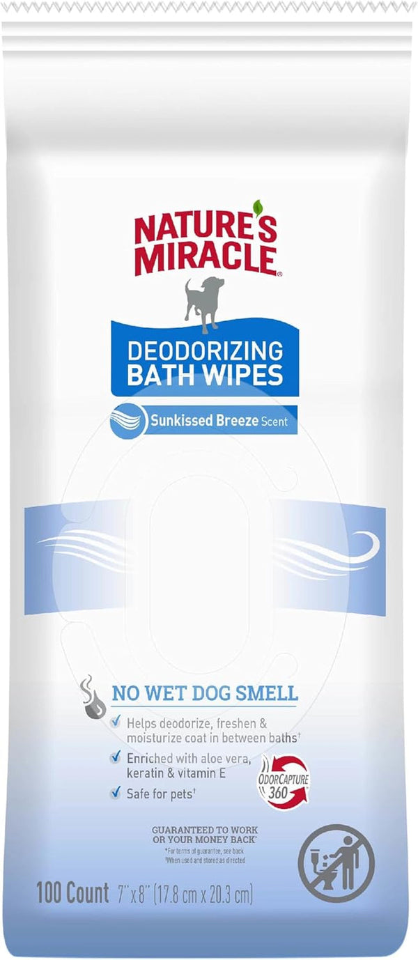 Nature'S Miracle Deodorizing Bath Wipes for Dogs, 100 Count | Neutralize Tough Pet Odors between Baths, Promotes Healthy Skin & Coat, Great for Spot & Paw Cleaning, Sunkissed Breeze Scent1