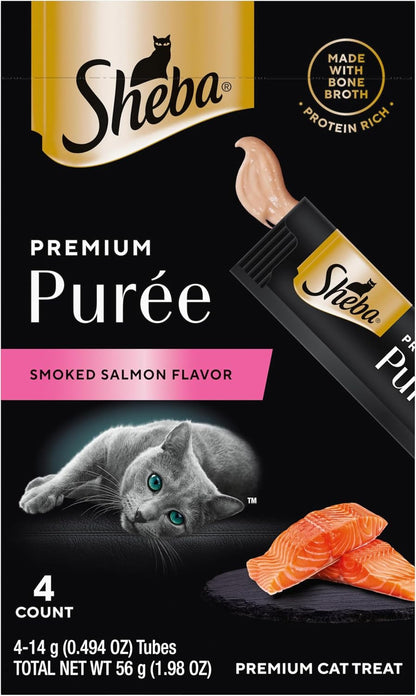 Sheba Premium Puree Lickable Cat Treats, Chicken, Salmon & Tuna, 48 Count | Grain-Free, Real Meat, No Corn/Wheat/Soy, Creamy Texture, Protein-Rich, Single-Serve Squeezable Tubes, 0.49 Oz. Tubes11