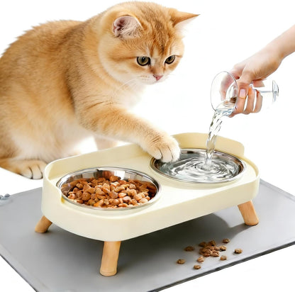 Elevated Cat Bowls with Food Mat, Splash Proof anti Vomiting Raised Cat Food and Water Bowl Set, 2 Stainless Steel Dishes for Cats and Puppy, Pet Bowl for Indoor Cats White1