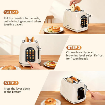 Toaster 2 Slice, Touch Screen Wide Slot Retro Toaster for Breads Bagel Muffin Waffle, House Warming Gift New Home, 120V 825W, Cream Color7