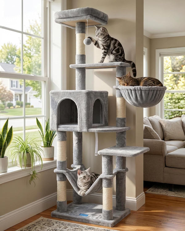 Hey-Brother Cat Tree with Large Hammock, Multi-Level Cat Tower for Indoor Cats, Cat Condo with Sisal-Covered Scratching Posts and Top Perch, Light Gray MPJ050W1