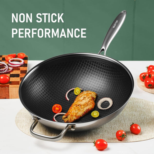 Hybrid 12-Inch Wok with Steamer,Nonstick Stainless Steel Woks & Stir-Fry Pans with Lid,Stay-Cool Handle,Pfoa Free Cookware,Dishwasher and Oven Safe, Works on Induction2