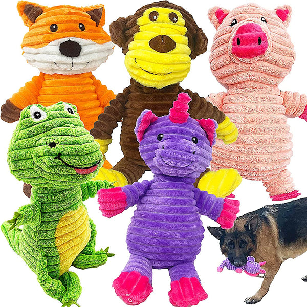 Jalousie Plush Toys Assortment Value Bundle Puppy Pet Mutt Squeak Toy for Medium Large Dogs (5 Pack Corduroy)1
