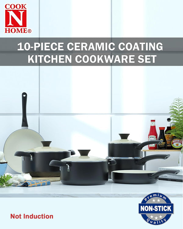 Pots and Pans Set Nonstick, 10 Piece Ceramic Cookware Sets, Kitchen Non Stick Cooking Set with Saucepans, Frying Pans, Dutch Oven Pot with Lids, Black | Non Stick Pots and Pans6