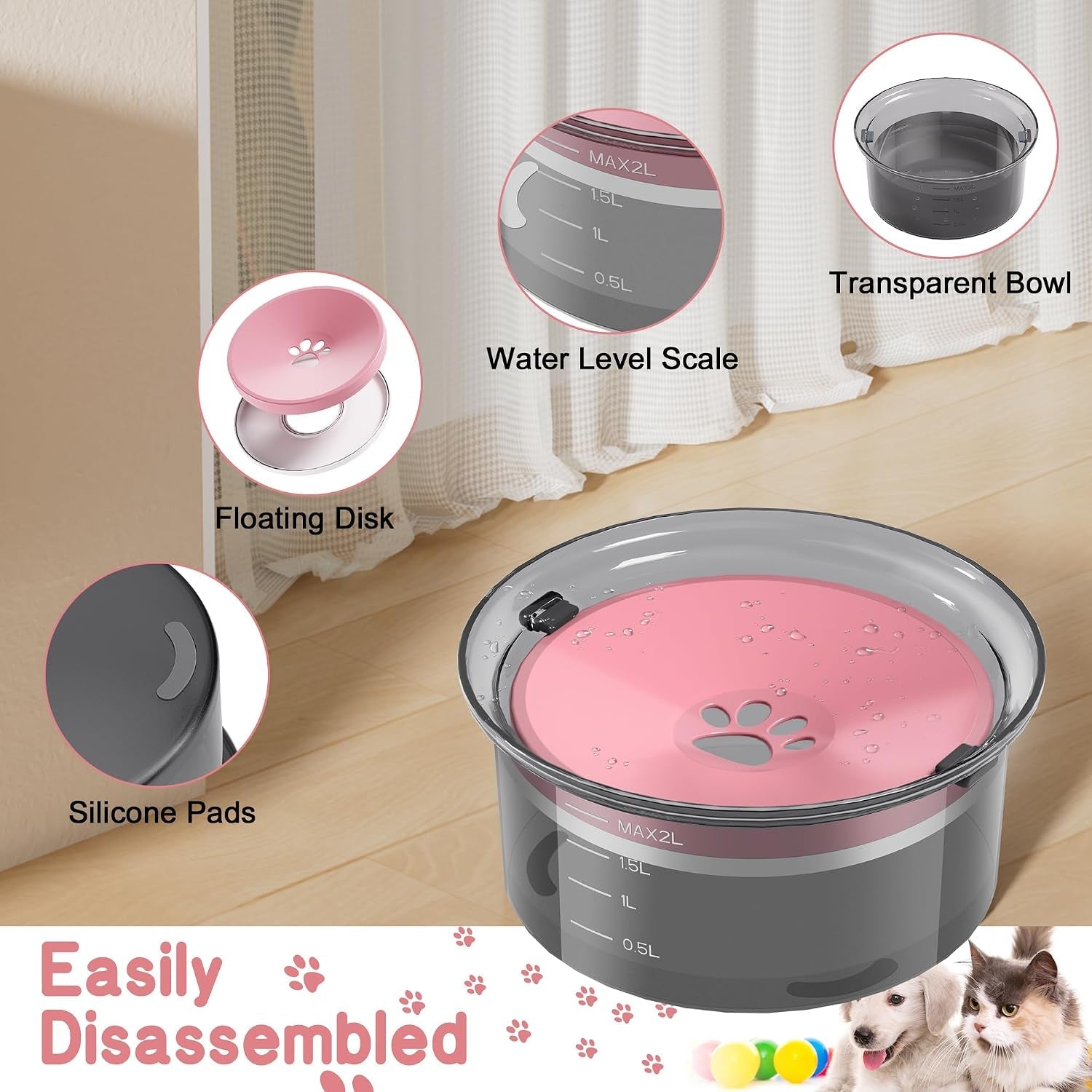 2l-dog-water-bowl-large-capacity-slow-water-feeder-no-spill-dog-bowl-splash-proof-pet-water-dispenser-vehicle-carried-travel-water-floating-bowl-for-dogs-cats-pets-pink