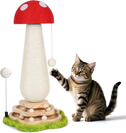 Mushroom Cat Scratching Post Cat Tree, Cute Cat Scratcher Tower with Interactive Ball Two-Layer Track Spring Ball Toys, Mushroom Scratch Post Cat Sisal Scratcher with Catnip for Indoor Cats1
