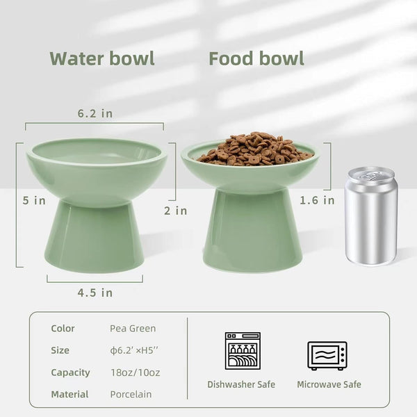 CEEFU 2-Pack Elevated Ceramic Cat Bowls Extra Wide for Food & Water | anti Vomiting, Whisker Friendly, Shallow Food Dish and Deep Water Bowl, Lead&Cadmium-Free, Raised Height for Cats, Sage Green2