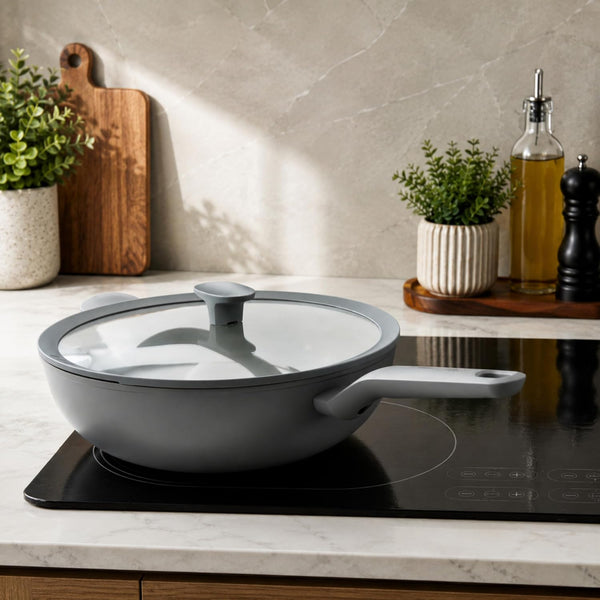 Leo Balance 12.75" Ceramic Nonstick Wok Pan with Glass Lid | 6.2Qt Flat Bottom Induction Stir Fry Pan, Recycled Aluminum, PFAS Free, Stay Cool Helper Handle, Spoon Rest Lid, Moonmist1