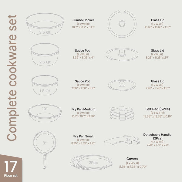 Bakken 17-Piece Ceramic Coated Aluminum Cookware Set, Nonstick Pots and Pans with Lids, Silicone Cooking Utensils & Oven Mitts, All Stovetop Safe up to 500°F, PTFE & PFAS Free, Dishwasher Safe2