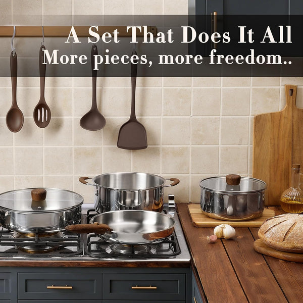 19Pcs Tri-Ply Stainless Steel Cookware Set with Detachable Handle | Pots and Pans Set, Even Heating, Non-Toxic, Induction Compatible, Dishwasher& Oven Safe, Space Saving, RV Cooking,Woodgrain7