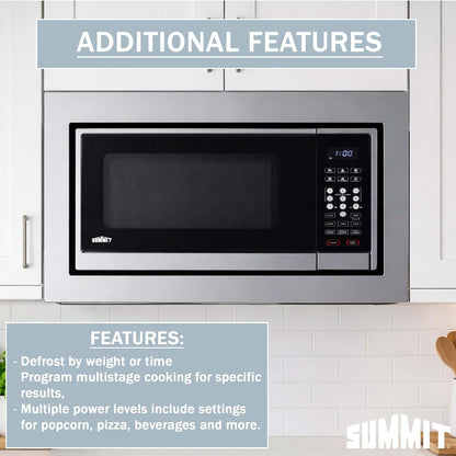 Summit 24" Built-In Microwave with Trim Kit, Stainless Steel - SMBI24 | 1000W Built-In Microwave with Stainless Steel Trim Kit Designed to Fit 15 3/4" H X 22 1/2" W X 18 1/4" D Wide Cutouts5