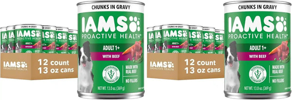 IAMS Proactive Health Pack Wet Dog Food, Beef & Chicken, 13 Oz, 12 Pack | Chunks in Gravy, Omega 6 Fatty Acids, Supports Healthy Skin, Muscles & Digestion, 13 Oz. Cans, No Artificial Flavors14