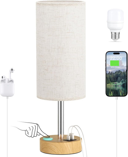 Bedside Table Lamp for Bedroom - 3-Way Dimmable Touch Lamp, USB A+C | LED Bulb Included, 14" Small Nightstand Lamp for Desk, Living Room, Guest Room, Cream Fabric Lampshade, Wood-Grain Metal Base7