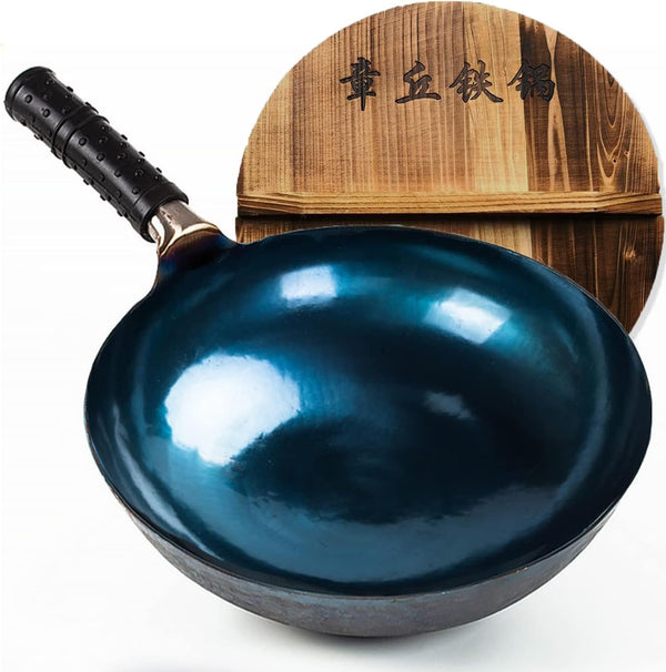 14-Inch Carbon Steel Wok, round Bottom Traditional Chinese Wok with Rubber Handle and Wooden Lid, Uncoated Non-Stick Wok for Gas Stoves, Home Cooking, Camping, and as a Gift1