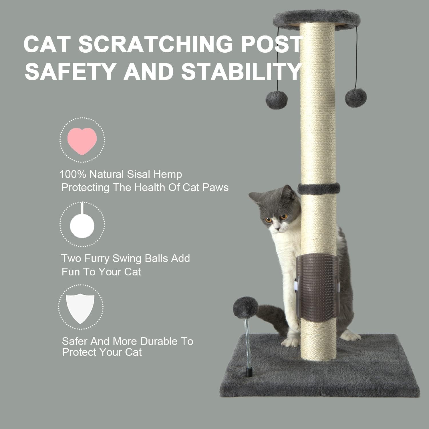 peekab-32-tall-cat-scratching-post-sisal-scratch-posts-with-hanging-ball-and-self-massage-brush-vertical-scratcher-for-indoor-cats-and-kittens-gray-32inches