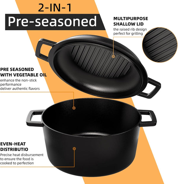 Cast Iron Dutch Oven Pot with Skillet Lid – Pre-Seasoned – Skillet Lid Cooking Pan– Pfas-Free – Cast Iron Skillet Cookware for Bread, Frying, Baking – Dual Handles – Oven, Grill, Campfire & Stovetop Safe – Durable & Non-Toxic, 5QT2