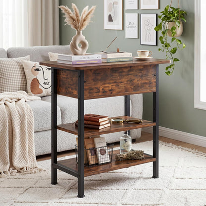 End Table with Charging Station, Flip Top Side Table with USB Ports and Outlets, 3-Tier Small Side Table with Storage for Small Space, End Tables for Living Room/Bedroom, Rustic Brown2