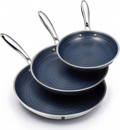 3 Pcs Non Stick Frying Pans Set, 8", 10", 12" Stainless Steel Pans | Skillet and Frying Pans Nonstick, Stay Cool Handle, PFOA/PFAS/PTFE Free, Dishwasher & Oven Safe, Induction Compatible, Blue1