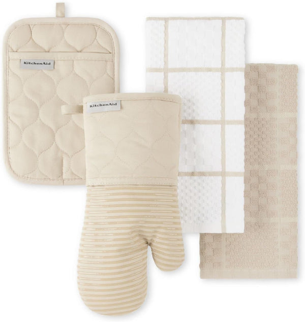 Quilted Cotton Terry Cloth Oven Mitt, Pot Holder, Kitchen Towel 4-Pack Set, Heat Resistant, Silicone Grip, 16"X26", 7"X13" & 7"X10", Milkshake Tan1