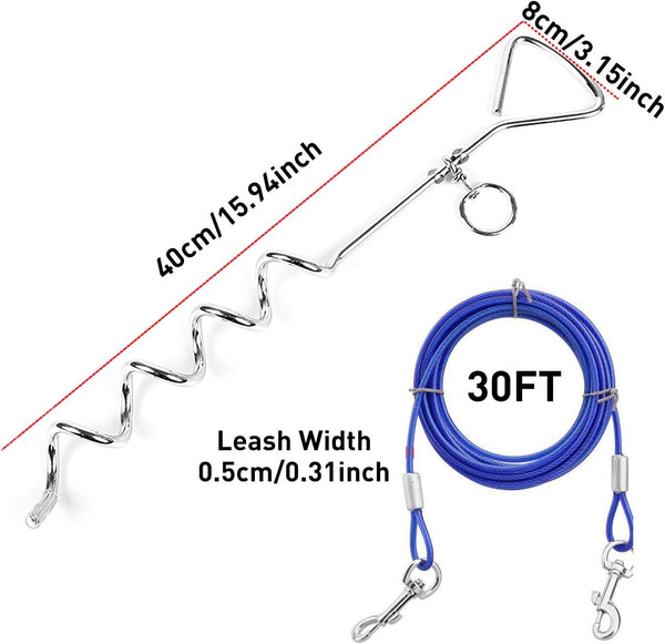Dog Tie Out Cable and anti Rust Spiral Stake , 30Ft outside Leash&Chain for Camping and Yard, 16'' Heavy Duty for Medium-Large Dogs up to 125 Lbs (30FT, Blue)3