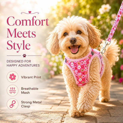 Step in Dog Harness Leash Set- All Weather Reflective No-Pull Floral Pattern Padded Mesh Vest Harness for Cats Puppy Extra-Small Small Medium Large Dogs - Pink Flower - S6