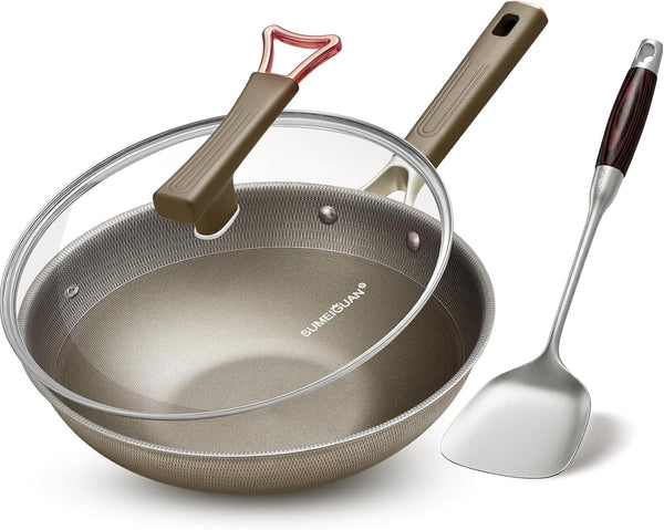 13" Titanium Wok Pan with Lid,Non-Stick Flat Bottom Titanium | PFAS & PFOA Free,Non-Toxic, Fits Induction & Gas Stoves,Traditional Chinese Pan for Stir Fry1