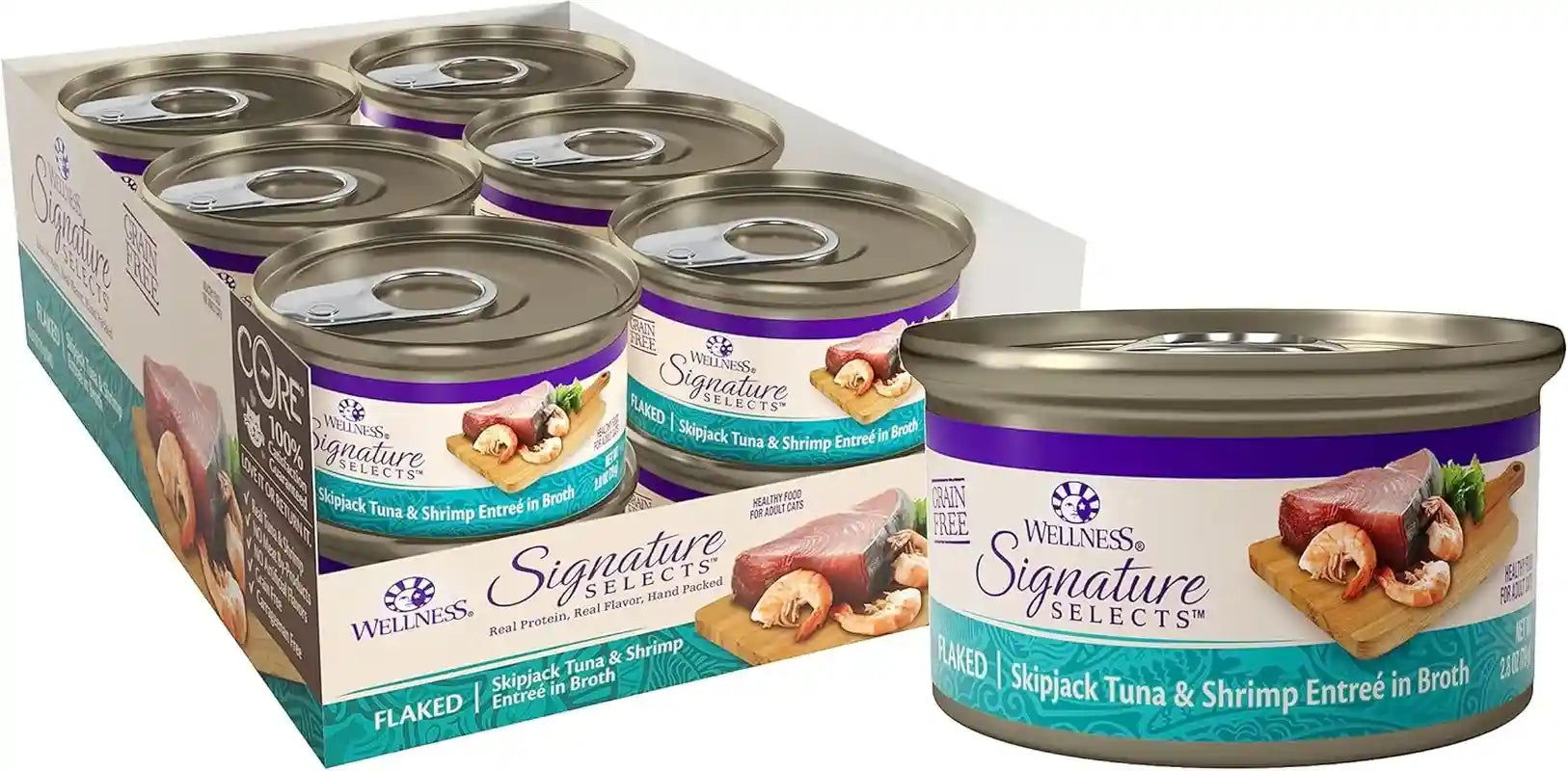 wellness-core-signature-selects-flaked-adult-canned-wet-cat-food-natural-protein-rich-grain-free-skipjack-tuna-and-wild-salmon-entree-recipe-2-8-oz-pack-of-12-cans