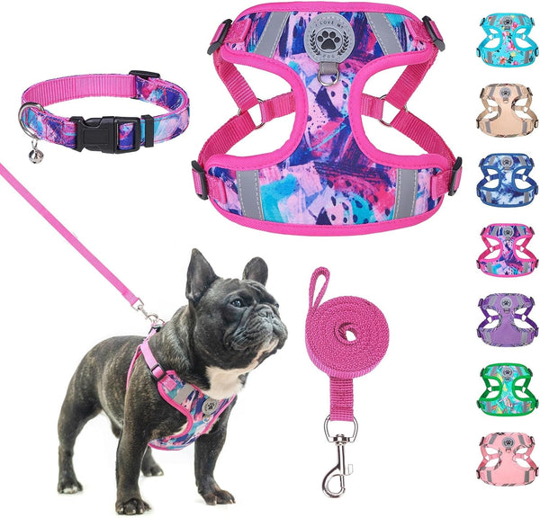 BEAUTYZOO Dog Harness Collar and Leash Set, No-Pull Step in Dog Harness for Large Dogs, Reflective No-Choke Puppy Vest Harness, Adjustable Soft Padded Pet Vest for French Bulldog, Dark Pink L1