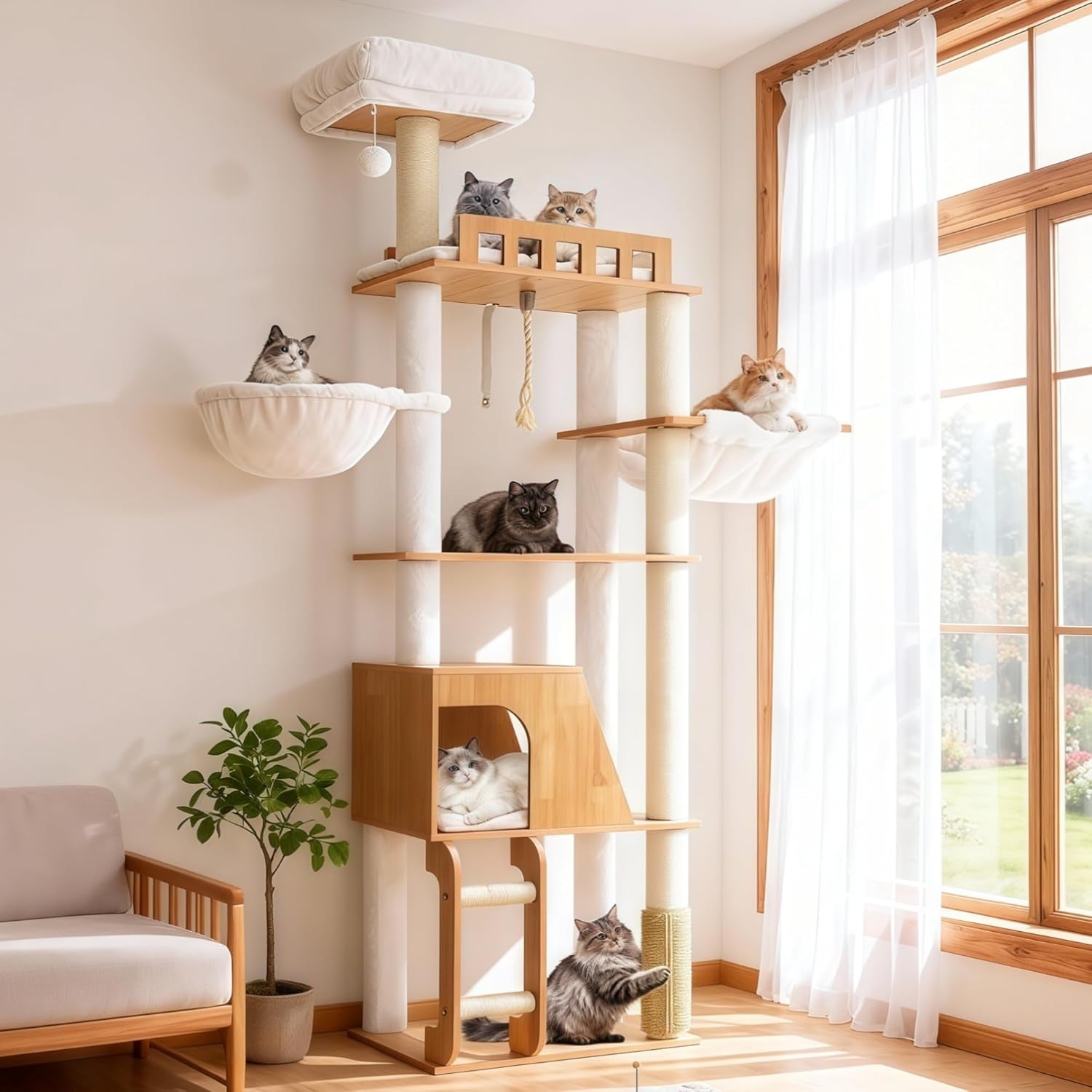 hey-brother-wooden-cat-tree-furniture-tower-with-large-platforms-mpj121bt-69-7-inch-modern-full-sisal-scratching-posts-hammocks-spacious-condo-ladder-brush-water-proof-surface-white-oak