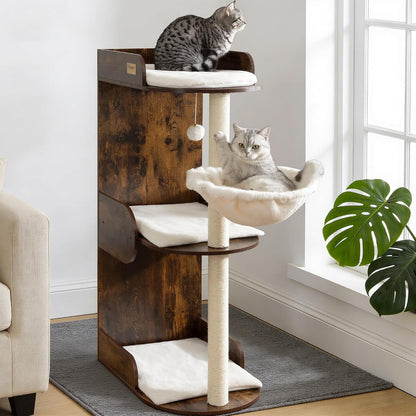 Modern Wood Cat Tree Tower for Indoor Large Adult Cats with Big Perch Bed | 33.8In Tall Wooden Cat Trees with Platform, Cat Scratching Pads, Washable Cushions, Cat Furniture for Window, Rustic Brown13