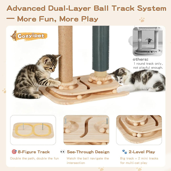 Cat Scratching Post with Bed, 4-In-1 Small Cat Tree Tower | Sisal Scratcher, Elevated Washable Bed, Track Ball Toy, Built-In Self-Groomer5