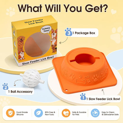 Slow Feeder Dog Bowls, Anti-Slip Dog Lick Bowl with Interactive Rolling Ball, Anxiety Relief Liquid Treat Feeder, Bone Broth Yogurt Licking Toy for Small Medium Large Dogs and Cats(Orange)8