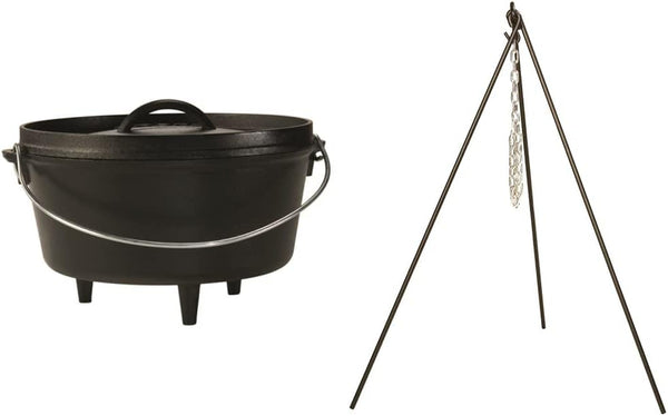 L10DCO3 Cast Iron Deep Camp Dutch Oven (5-Quart) and  3TP2 Camp Dutch Oven Tripod (43.5-Inch, Black)1