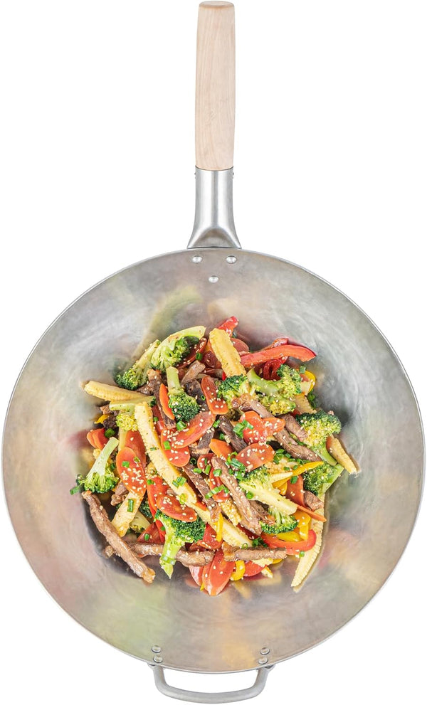 Carbon Steel Wok 1 Pack of 14 Inch Heavy-Duty Stir Fry Pan Silver Hand Hammered Wok Efficient Maneuvering Steel Helper Handle Uniform Heat Distribution Asian Cooking11