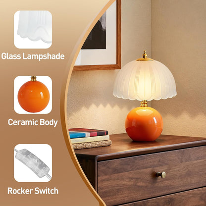 Mushroom Table Lamp, Ceramic Bedside Lamp with Glass Shade, 3-Way Lighting (2700K-5000K) Rocker Switch, Small Nightstand Lamp for Bedroom, Living Room, Office, Orange4